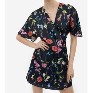 H&M | Black Botanical Floral V-Neck Flutter-Sleeve Satin Wrap Mini Dress